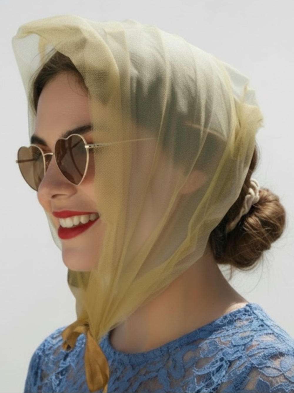Vintage Yellow Sheer Tulle Head Scarf with Ribbon Tie